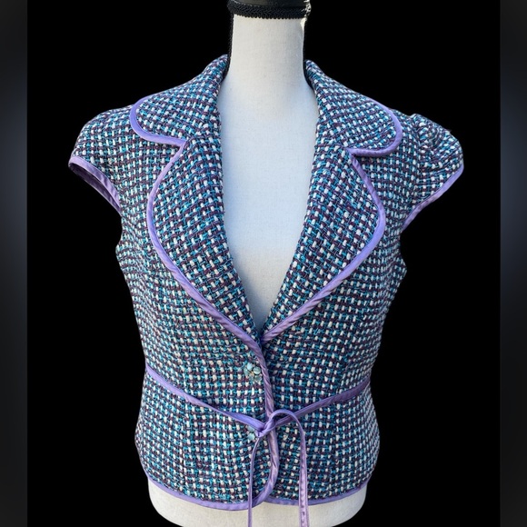 Boston Proper 100% Silk Tweed Jacket Womens 6 Blue Purple Broach cap sleeves - Picture 1 of 7